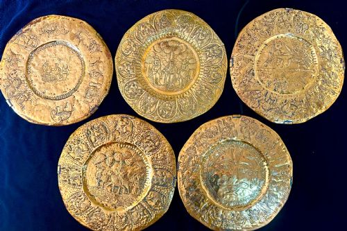 SET OF FIVE BRASS INDIAN TEMPLE PLATES - ADDITIONAL PHOTO 1