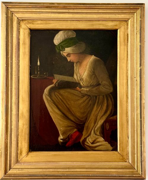 Naive Oil on Canvas of a Young Woman Reading by Candlelight