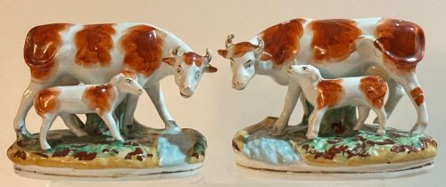 Pair of 19th Century Staffordshire Cows with Their Calves