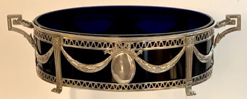 Solid Silver Jardiniere / Centre Piece with Original Blue Glass Liner