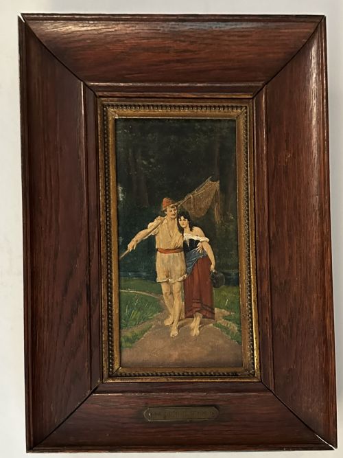 fig 1. A pair of vertical oil paintings on wooden panels depicting rural couples, framed in dark oak moulding with gilt inner slips.