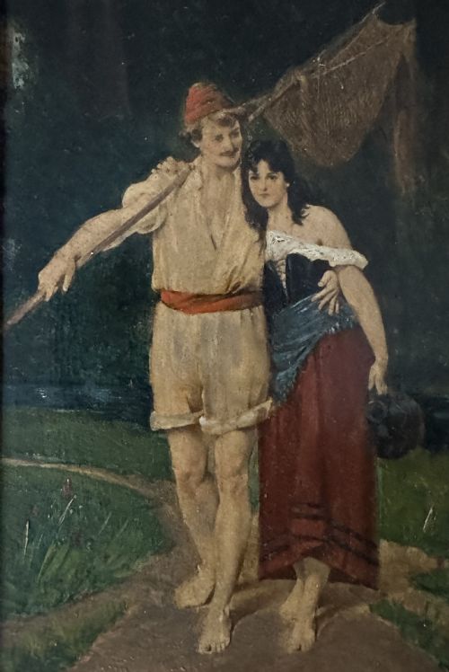 fig 2. A pair of vertical oil paintings on wooden panels depicting rural couples, framed in dark oak moulding with gilt inner slips.