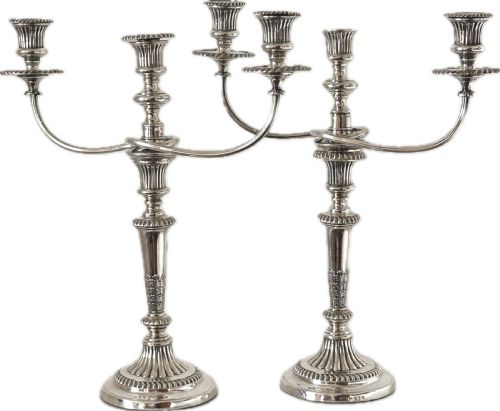 Pair of Regency Silver Candlesticks, Sheffield 1816, with matching silver plate 3-branch candelabra extensions.