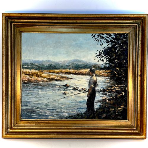 fig 1. An impressionist oil painting on canvas depicting a figure fishing by a river, enclosed within a moulded gold frame.
