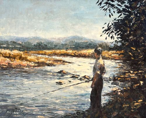 fig 2. An impressionist oil painting on canvas depicting a figure fishing by a river, enclosed within a moulded gold frame.