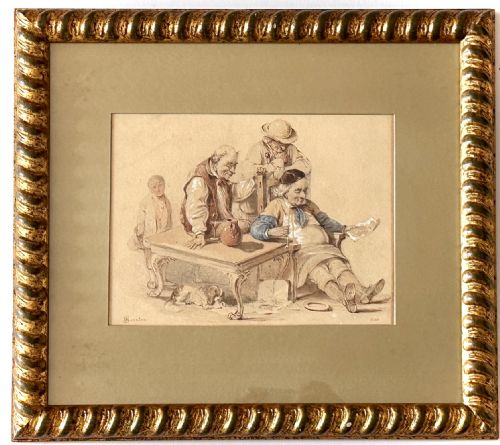 fig 1. A pair of 19th-century framed watercolour genre paintings depicting tavern scenes in carved gilded frames.