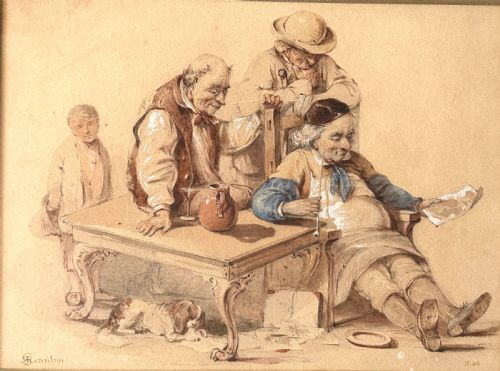 fig 2. A pair of 19th-century framed watercolour genre paintings depicting tavern scenes in carved gilded frames.