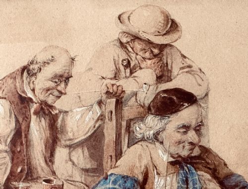fig 3. A pair of 19th-century framed watercolour genre paintings depicting tavern scenes in carved gilded frames.
