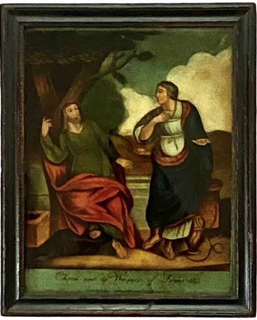fig 1. A pair of framed Georgian reverse glass paintings depicting biblical scenes inside dark ebonised wooden frames.