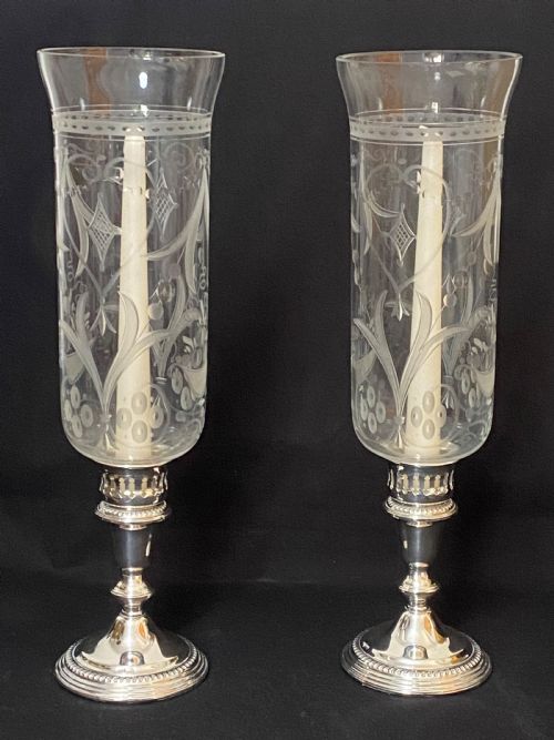 Silver Candlesticks with Etched Glass Storm Shades