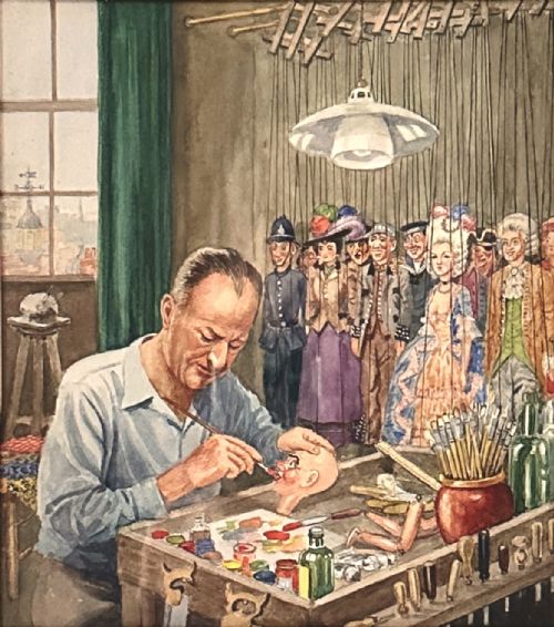 fig 1. A framed watercolour painting depicting a craftsman at a workbench painting a marionette head, surrounded by finished puppets hanging in the background.