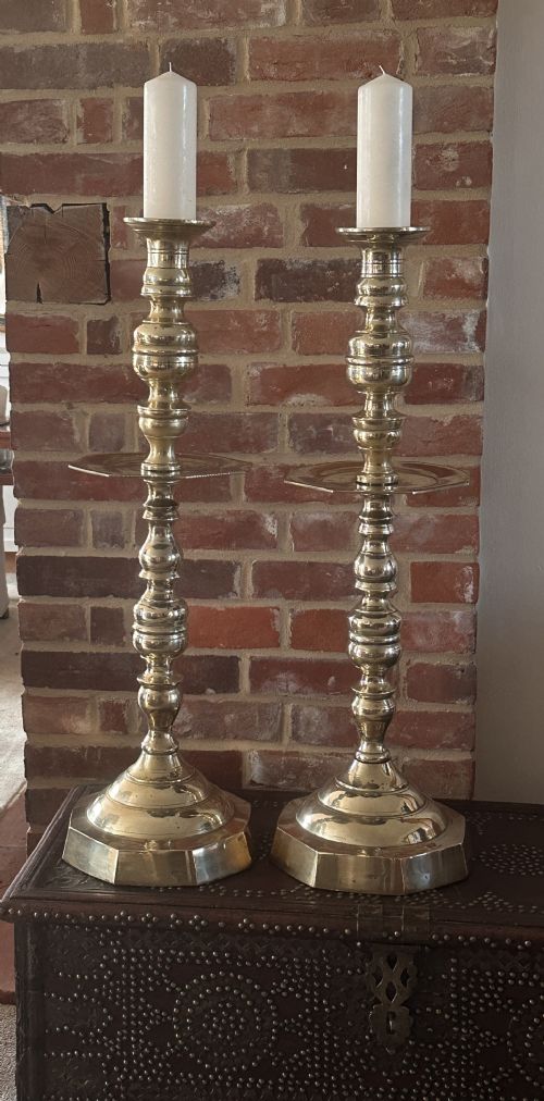 Dutch Pair of Brass Church Candlesticks of Large  Proportion
