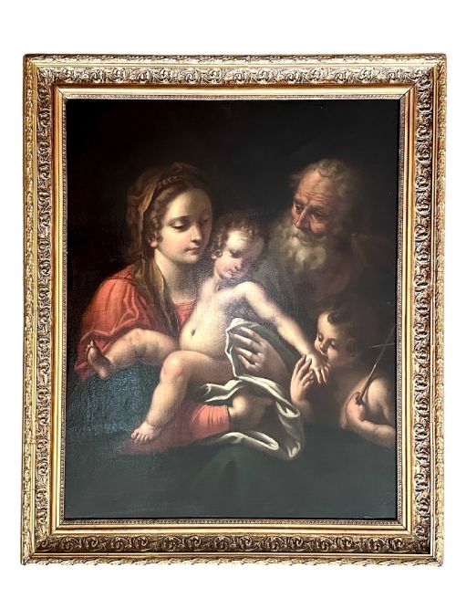 fig 6. A 17th-century Baroque oil painting on canvas depicting the Holy Family and Saint John the Baptist in an ornate gilt frame.