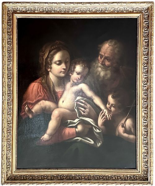 fig 1. A 17th-century Baroque oil painting on canvas depicting the Holy Family and Saint John the Baptist in an ornate gilt frame.