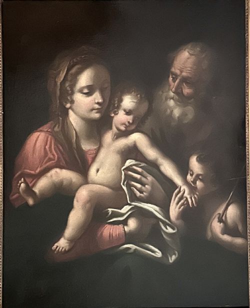 fig 2. A 17th-century Baroque oil painting on canvas depicting the Holy Family and Saint John the Baptist in an ornate gilt frame.