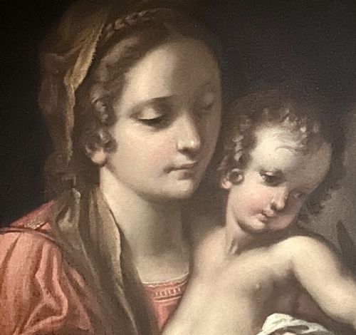 fig 3. A 17th-century Baroque oil painting on canvas depicting the Holy Family and Saint John the Baptist in an ornate gilt frame.