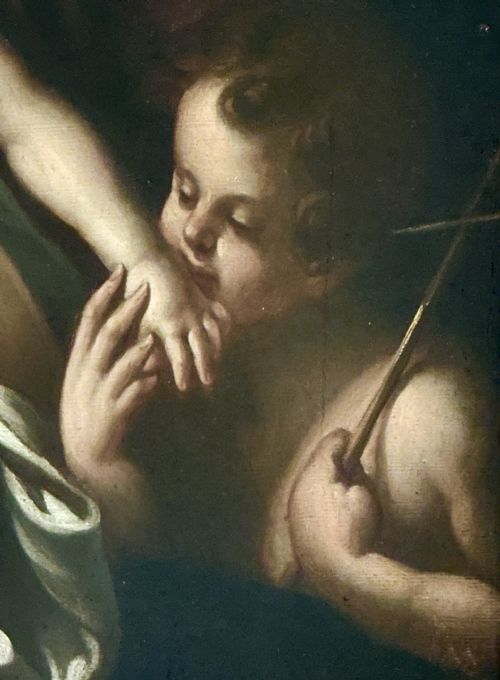 fig 5. A 17th-century Baroque oil painting on canvas depicting the Holy Family and Saint John the Baptist in an ornate gilt frame.