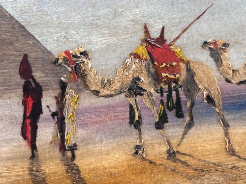 fig 1. Grand Tour Oil Painting of Camels and Pyramid in the Desert