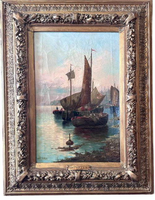 fig 2. A pair of framed oil paintings on canvas depicting wooden sailing boats docked in a harbour within ornate gold leaf frames.