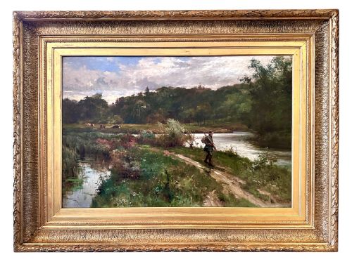 fig 1. An antique late Victorian oil painting depicting a figure walking along a riverbank path in a rural countryside landscape, framed in a moulded giltwood frame.