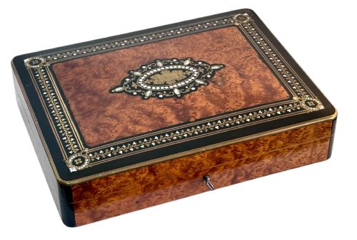 Table Box Made from Amboyna,  Mother of Pearl and Brass Stringing.