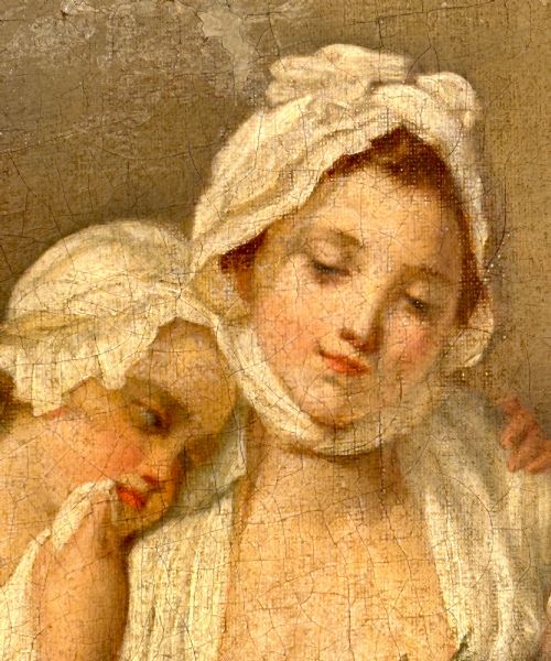 fig 1. An 18th-century oil painting on canvas depicting two women in period costume within an oval painted border, housed in a carved gilded frame.