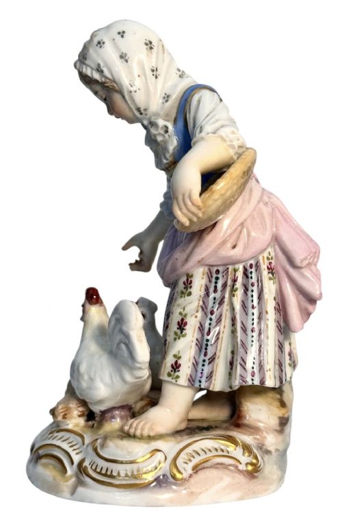 Meissen Figure of Girl Feeding her Chickens View V