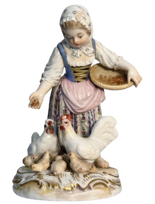 Meissen Figure of Girl Feeding Her Chickens