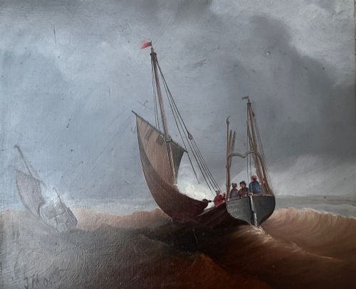 fig 2. A pair of Victorian marine oil paintings depicting sailing boats navigating choppy seas, encased in wide burr wood frames with gilded slips.