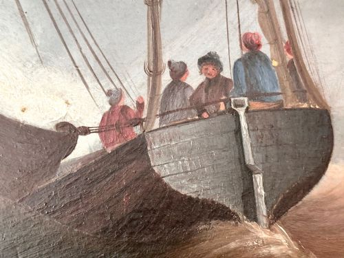 fig 6. A pair of Victorian marine oil paintings depicting sailing boats navigating choppy seas, encased in wide burr wood frames with gilded slips.
