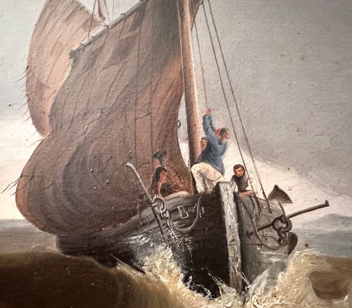 fig 1. A pair of Victorian marine oil paintings depicting sailing boats navigating choppy seas, encased in wide burr wood frames with gilded slips.