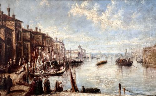 fig 1. An antique oil painting depicting a Venetian canal with gondolas and historical buildings under a cloudy sky, enclosed in an ornate gold frame.