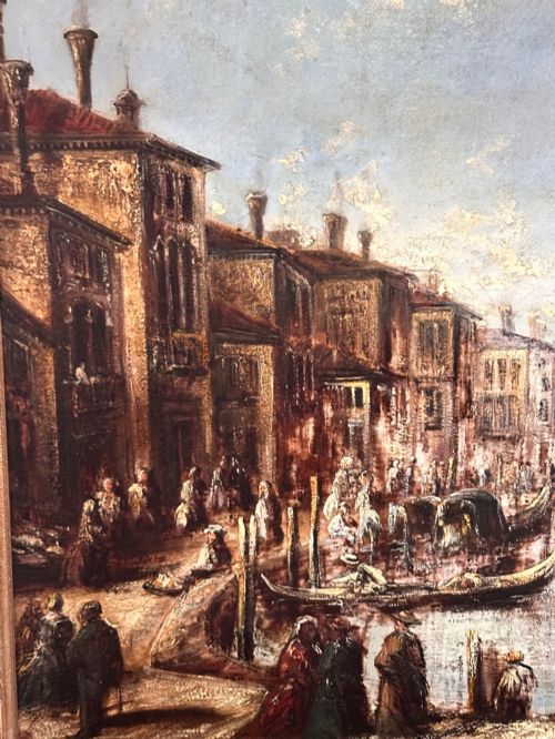 fig 2. An antique oil painting depicting a Venetian canal with gondolas and historical buildings under a cloudy sky, enclosed in an ornate gold frame.