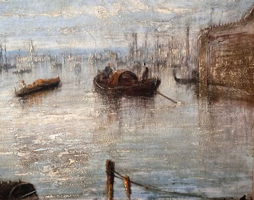 fig 3. An antique oil painting depicting a Venetian canal with gondolas and historical buildings under a cloudy sky, enclosed in an ornate gold frame.
