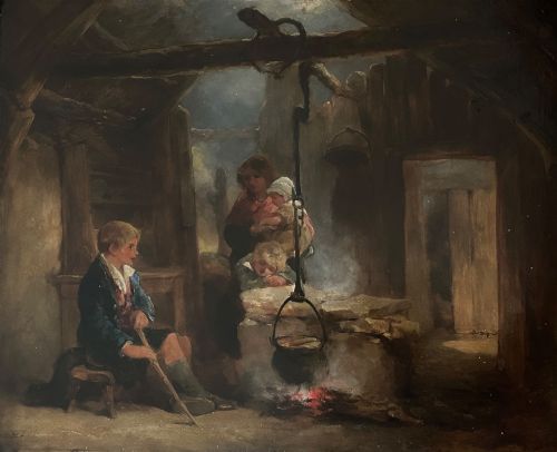 fig 2. A framed Victorian oil painting depicting a rustic cottage interior with children gathered around an open hearth fire.