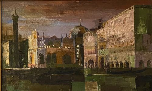 fig 1. A framed mid-century oil painting on canvas depicting architectural structures along the Venetian canal in rich earth tones.