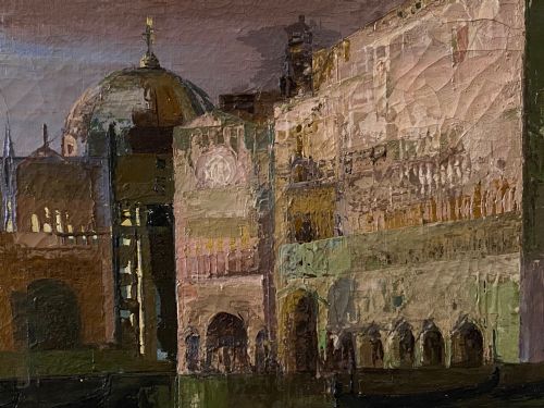 fig 2. A framed mid-century oil painting on canvas depicting architectural structures along the Venetian canal in rich earth tones.