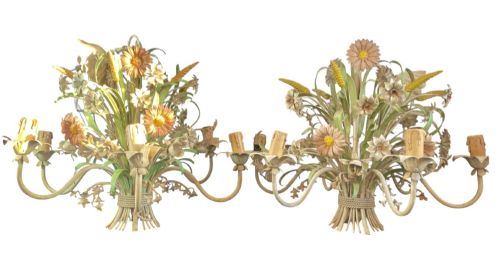 Pair of Italian Painted Tollware Chandaliers