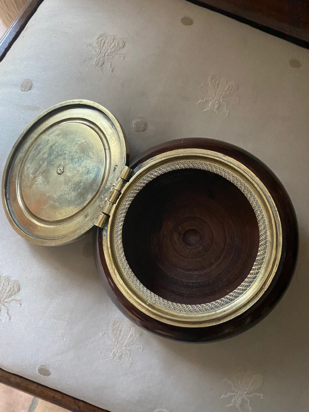 Antique Fruitwood and Brass Tobacco Jar. View II