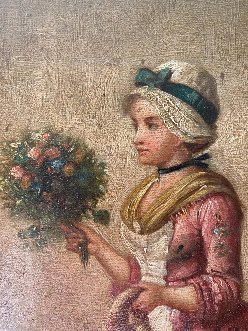 Oil on Canvas of young woman with Flowers and a Duck. 19th Century. View II