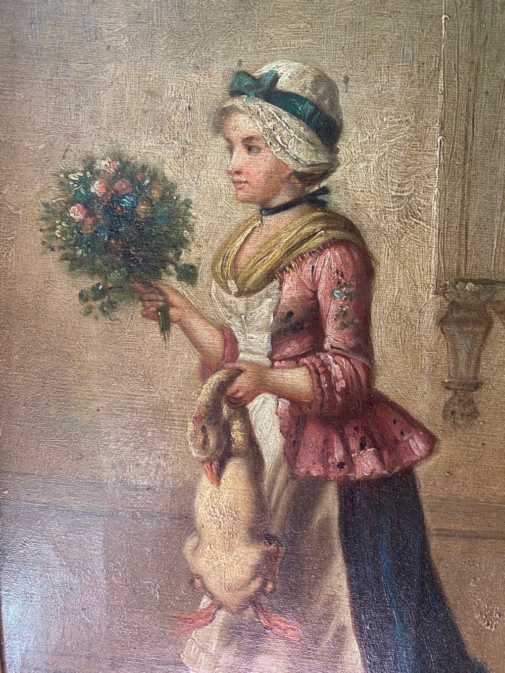 Oil on Canvas of young woman with Flowers and a Duck. 19th Century. View III