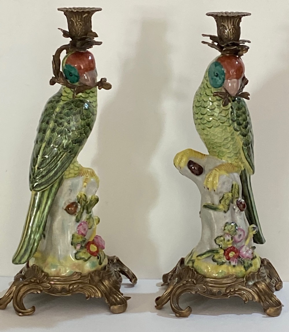 Pair of Ricocco Style Parrot Candlesticks