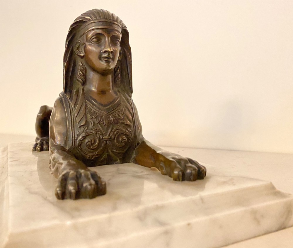 Bronze Sphinx on Marble Base. 19th Century View II