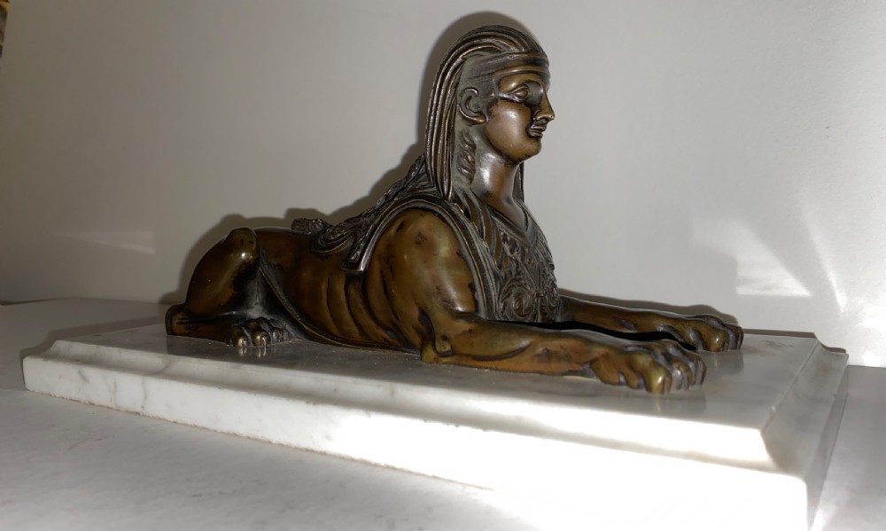 Bronze Sphinx on Marble Base. 19th Century View IV