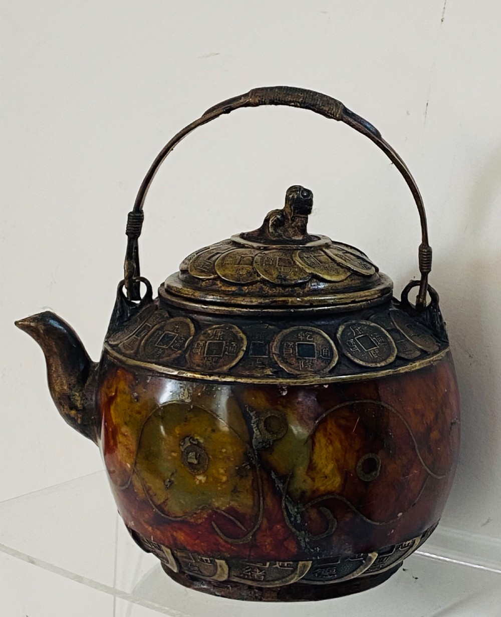 Chinese Hardstone and Coin Mounted Teapot. 19th Century View III