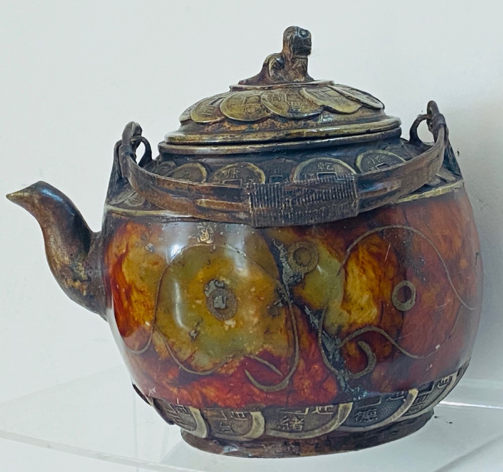 Chinese Hardstone and Coin Mounted Teapot. 19th Century View IV