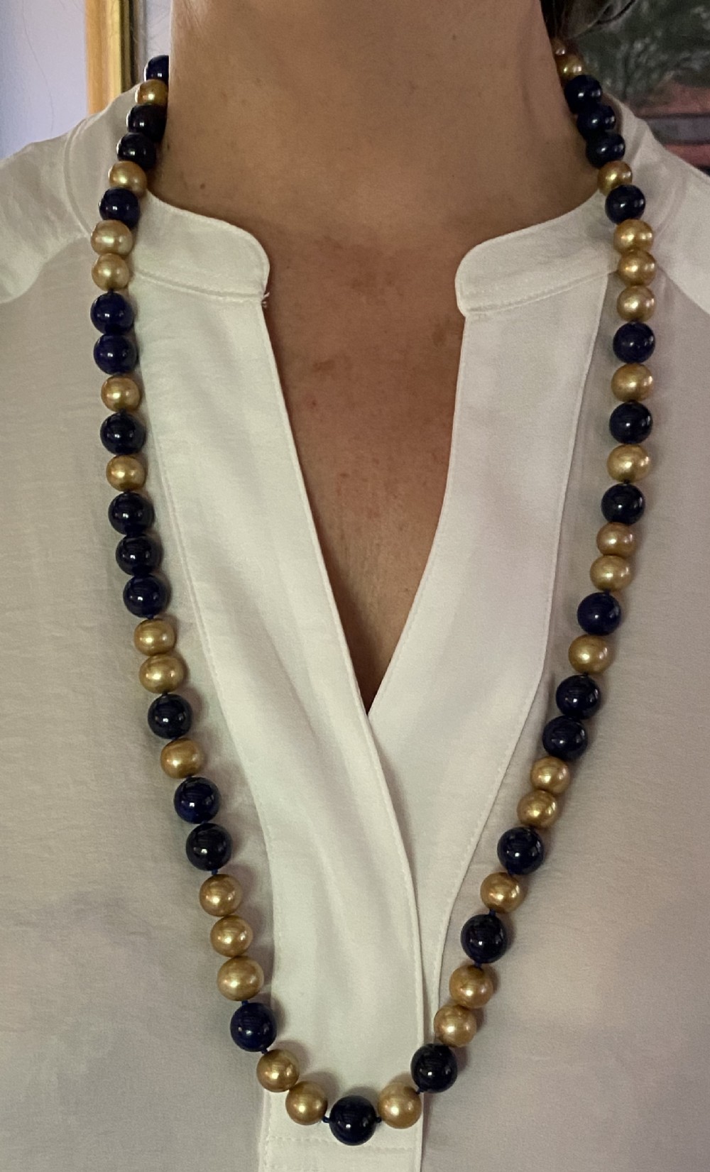 Pearl and Lapis Lazuli Opera Length Necklace.