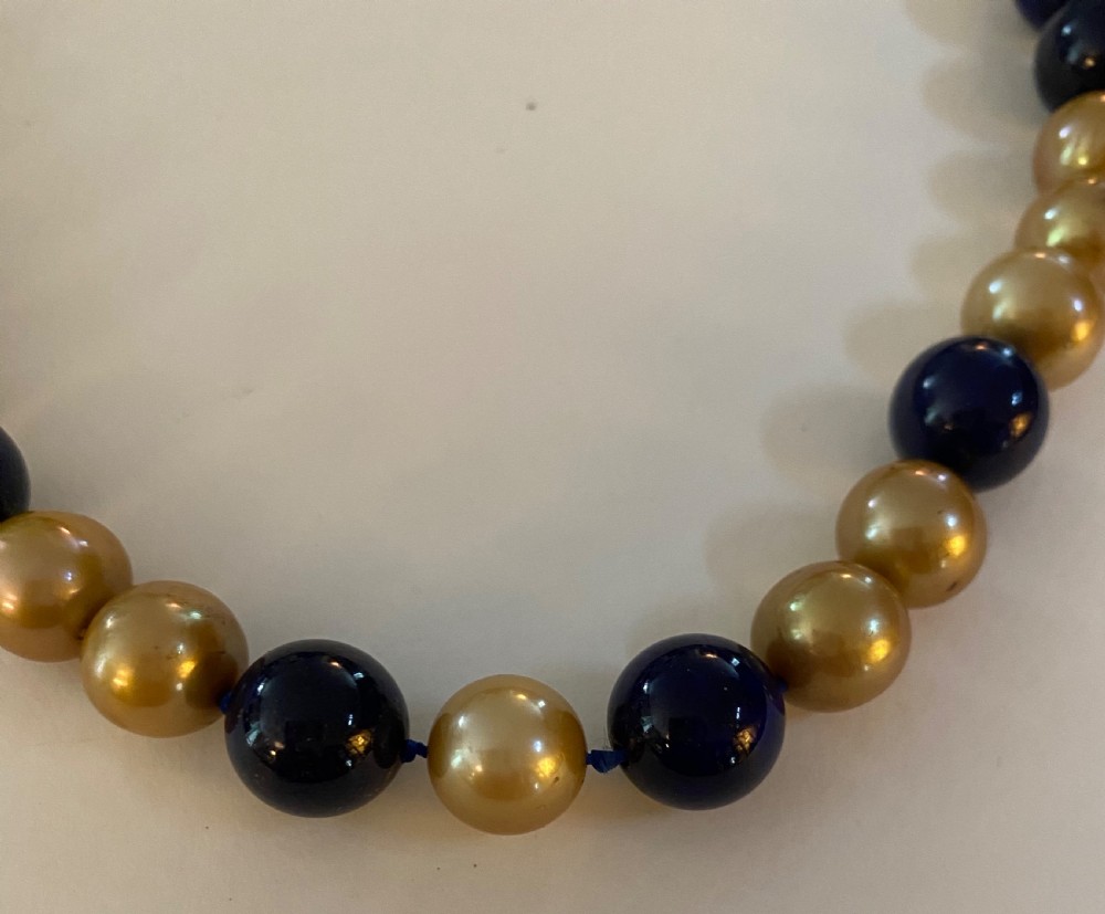 Pearl and Lapis Lazuli Opera Length Necklace. View IV