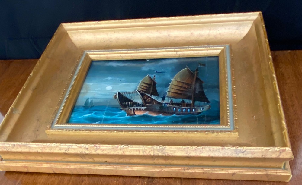 Pair of Chinese 19th Century Paintings of Junks in the Moonlight View II