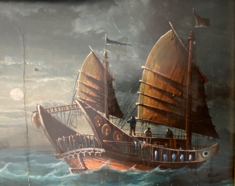 Pair of Chinese 19th Century Paintings of Junks in the Moonlight View III